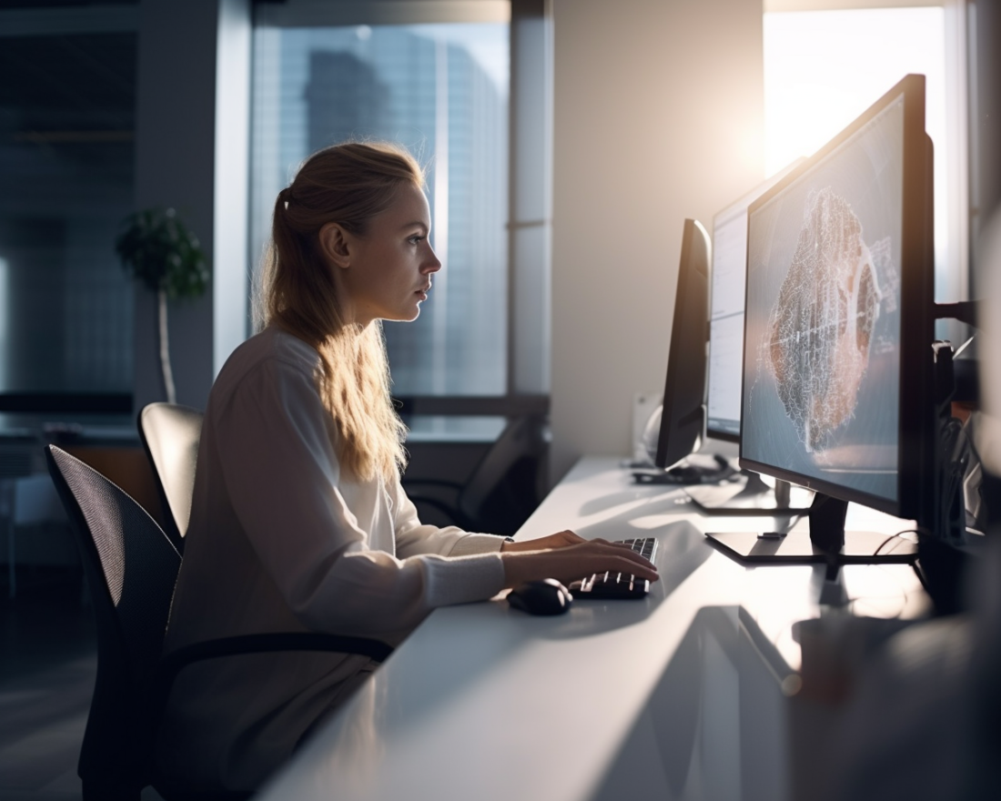 Een door de AI-tool Midjourney gegenereerde foto, waarop een vrouw te zien is die naar haar computerscherm kijkt.