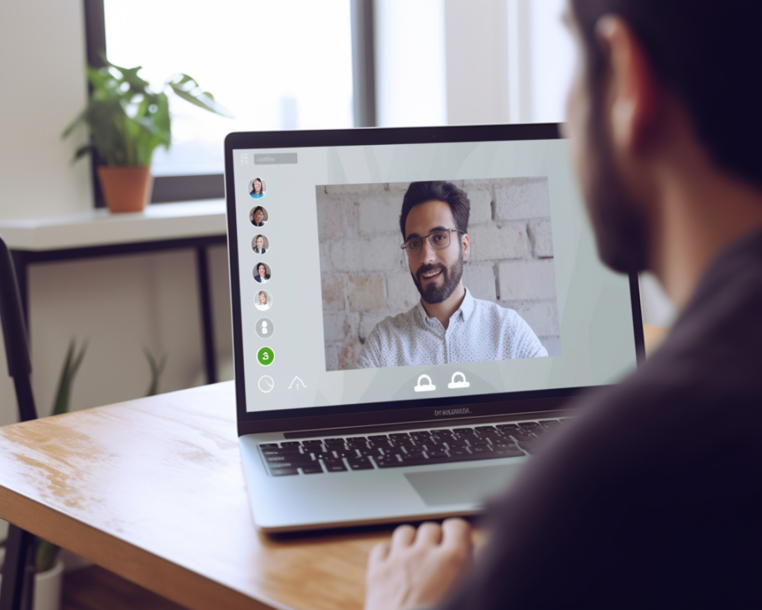Een door de AI-tool Midjourney gegenereerde afbeelding, waarop een man te zien is die via een laptop een videocall heeft met een collega.